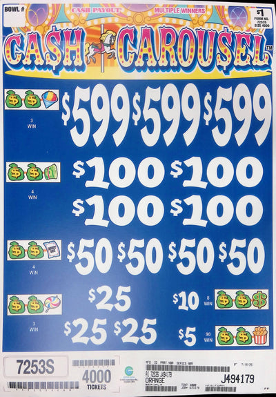 3 Top Winners @ $599 $5 Bottom 75% Payout 25% Ideal Profit 3 Window $1 Ticket
