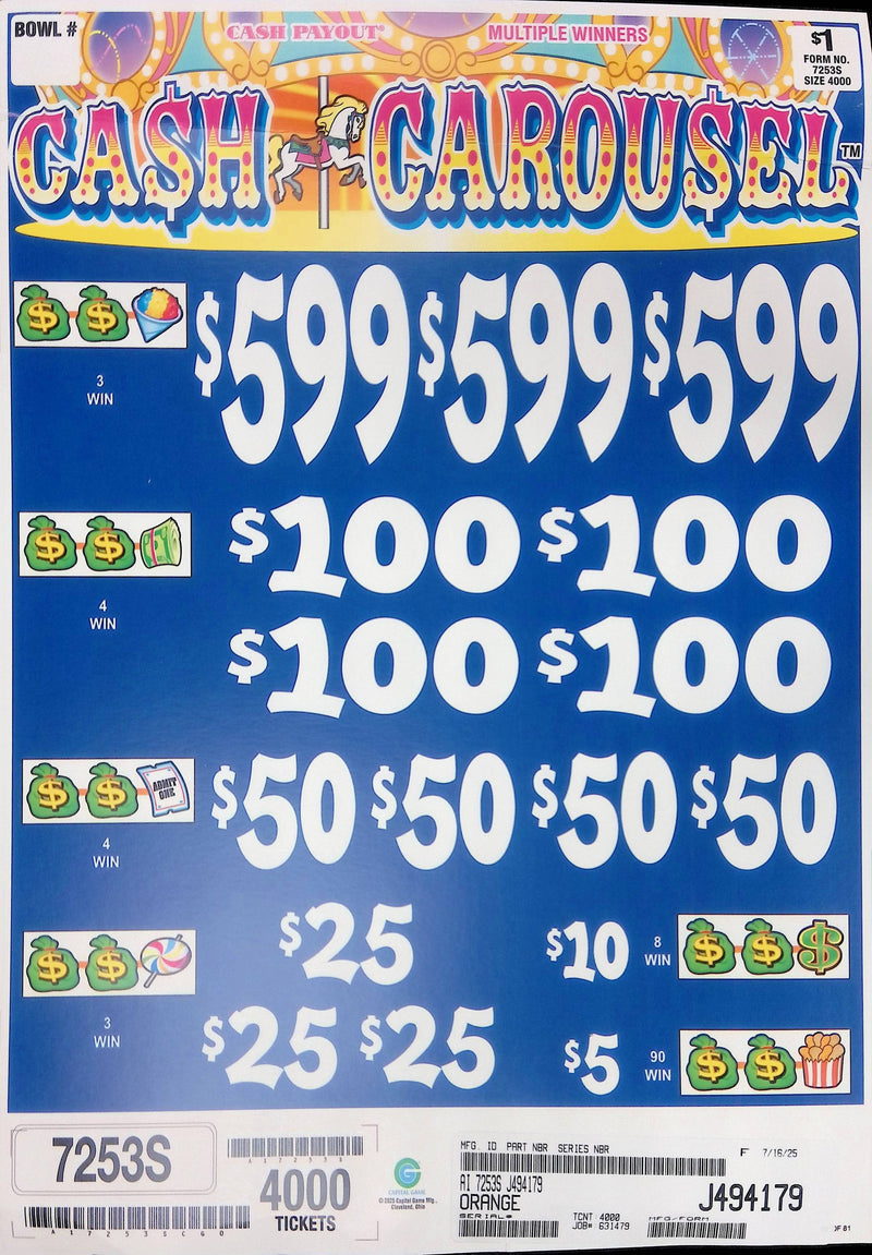 3 Top Winners @ $599 $5 Bottom 75% Payout 25% Ideal Profit 3 Window $1 Ticket