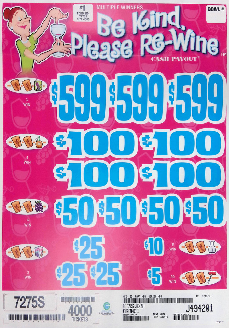 3 Top Winners @ $599 $5 Bottom 75% Payout 25% Ideal Profit 3 Window $1 Ticket