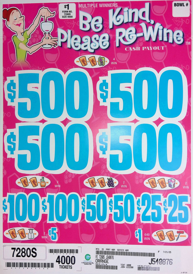 4 Top Winners @ $500 $1 Bottom 75% Payout 25% Ideal Profit 3 Window $1 Ticket