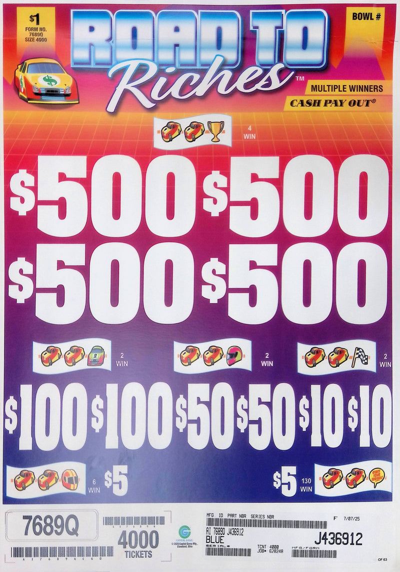 4 Top Winners @ $500 $5 Bottom 75% Payout 25% Ideal Profit 3 Window $1 Ticket