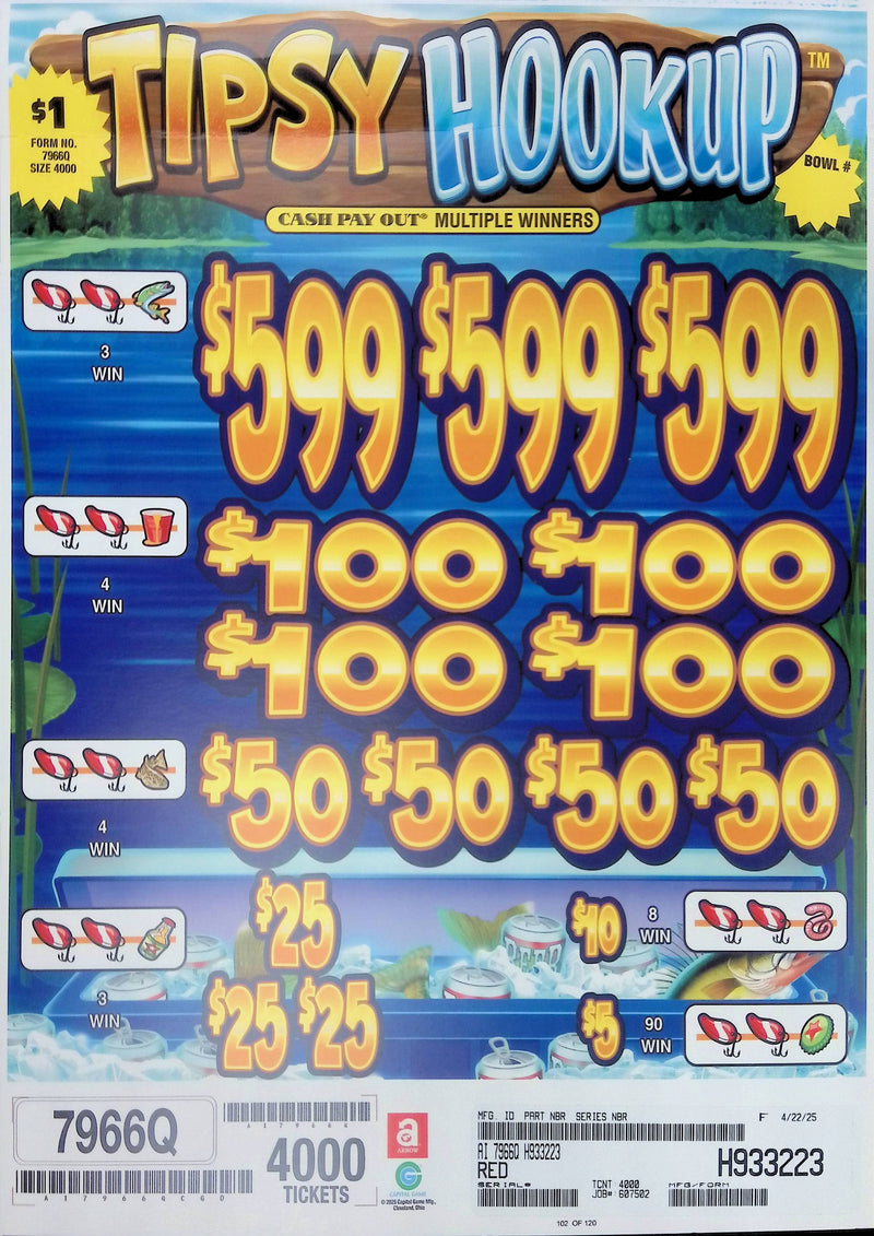 3 Top Winners @ $599 $5 Bottom 75% Payout 25% Ideal Profit 3 Window $1 Ticket