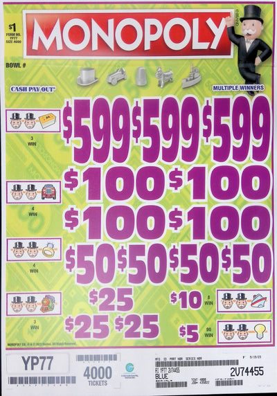 3 Top Winners @ $599 $5 Bottom 75% Payout 25% Ideal Profit 3 Window $1 Ticket