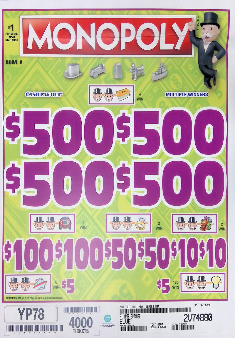 4 Top Winners @ $500 $5 Bottom 75% Payout 25% Ideal Profit 3 Window $1 Ticket