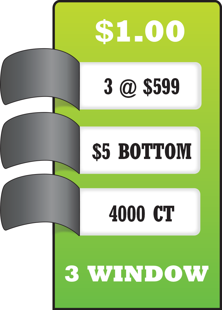 3 Top Winners @ $599 $5 Bottom 75% Payout 25% Ideal Profit 3 Window $1 Ticket